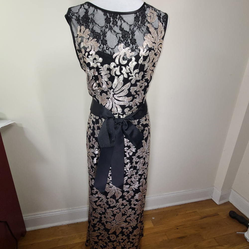 Betsy & Adam Full Length Sequin and Lace Gown